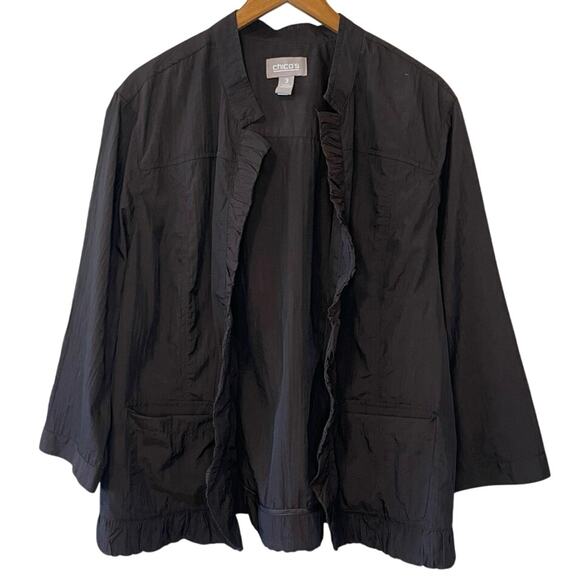 Chico’s Brown Nylon Textured Open Front Ruffle Grandmacore Jacket Size 3 (XL) - Picture 1 of 12